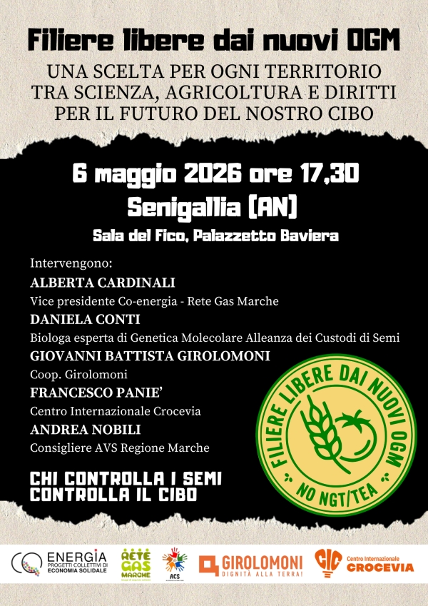 Filiere libere dai nuovi OGM, incontro pubblico il 6 maggio a Senigallia (AN)